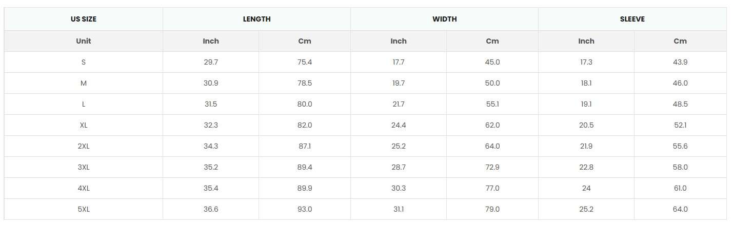 AOP T shirt size AOP T shirt size