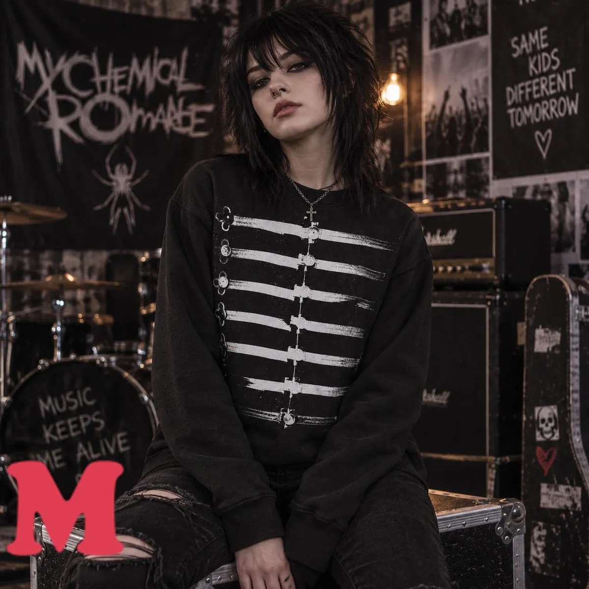 My Chemical Romance Merch Distressed Military Stripe Black T-Shirt 2